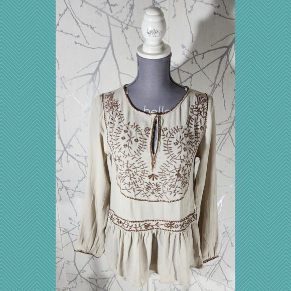 Beautiful Stories Ivory Boho Embroidered Peplum Blouse - Picture 1 of 5
